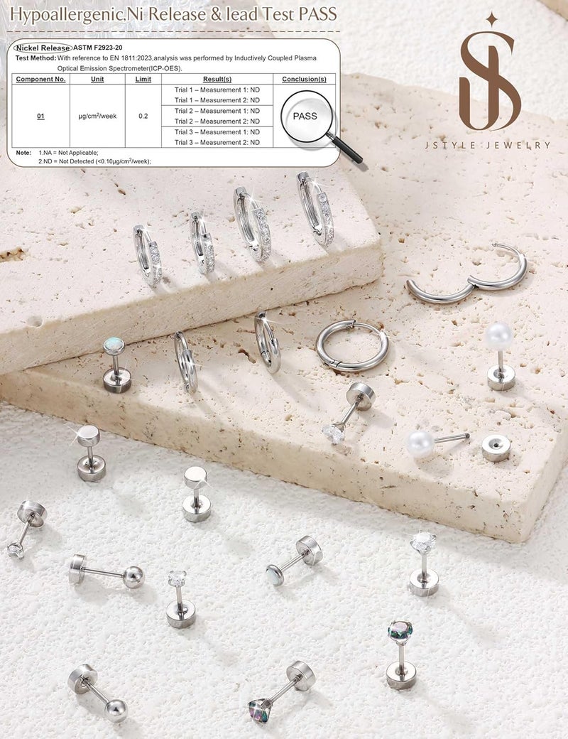 Jstyle Hypoallergenic Stud Hoop Earrings for Women Small Flat Back Surgical Stainless Steel Earrings for Sensitive Ears Trendy Silver Hoops Cartilage Earring Stacks Set Multiple Piercing Jewelry Gifts - Image 3